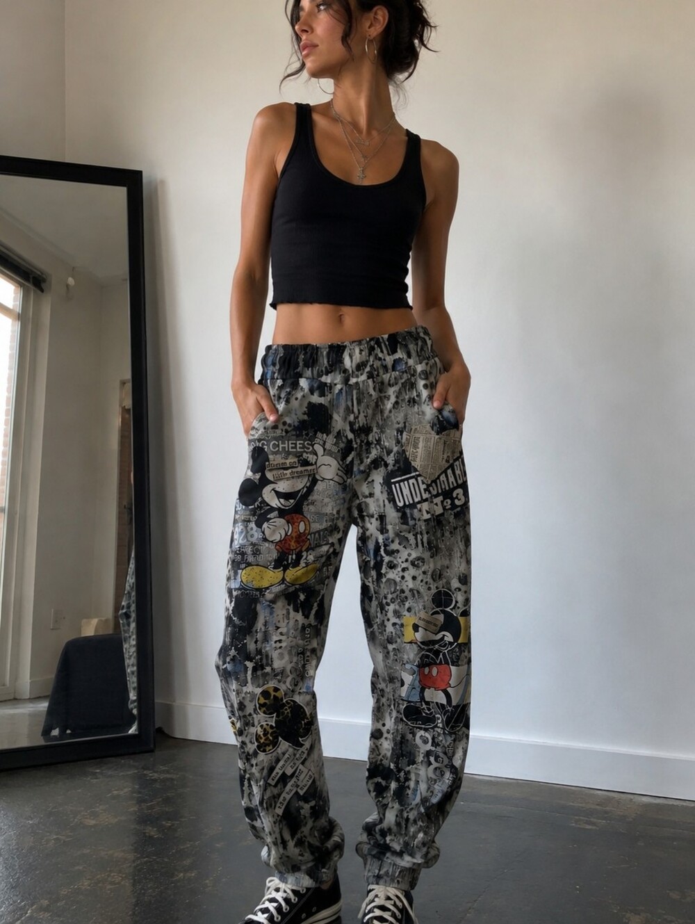 Graphic Black & Gray Mickey Print Jogger Pants